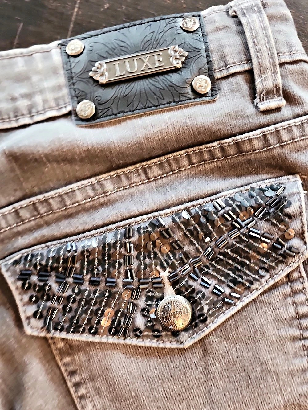 Tru Luxe Jeans Embellished Pocket Skinny Jeans in Brown